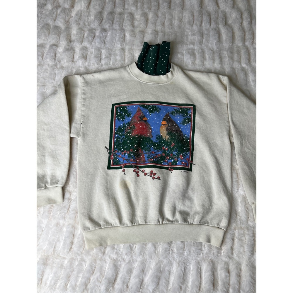 Artisans Vintage Cardinal Winter Sweatshirt Cream Double Collar Polka Dot Large